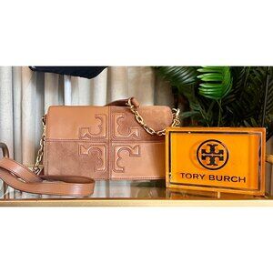 RARE! Tory Burch Natalie Tan Leather & Suede Crossbody With Gold Chain Strap